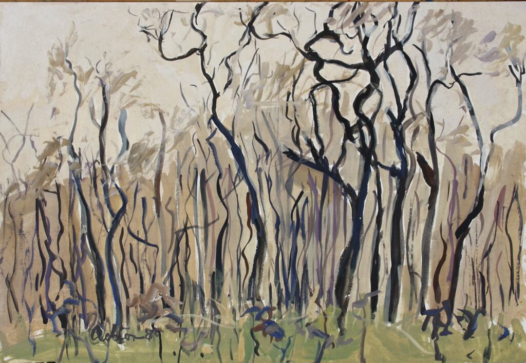Charred Landscape - $1095 (framed) Media: gouache on paper. Size 37 x 52 cm