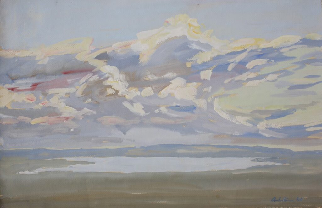 Morning Clouds, Lake Cootharaba - $1095 (framed) Media: gouache on paper. Size 35 x 55 cm
