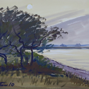 Distant Glasshouses from Bribie Island - SOLD Media: gouache on paper. Size: 30 x 40 cm