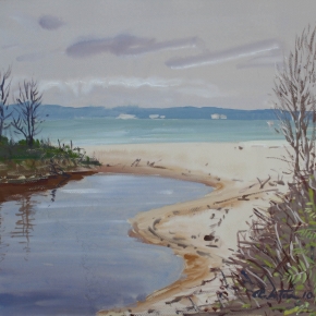 Light Rain over Moreton Island - SOLD (Media: gouache on paper. Size: 40 x 42 cm)