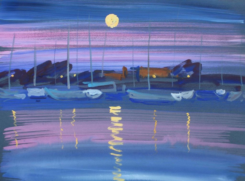 Moored Boats at Moonrise, Redcliffe - Graham Ashton Artist