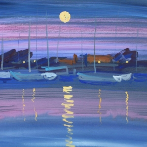 Moored Boats at Moonrise, Redcliffe - Graham Ashton Artist
