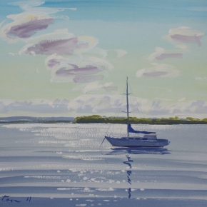 Yacht at Anchor, Bribie Passage - SOLD (Media: gouache on paper. Size: 30 x 40 cm)
